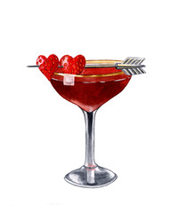 Strawberry cocktail in a glass, isolated on a white background. A beautifully designed alcoholic drink for Valentine's day. Watercolor illustration.