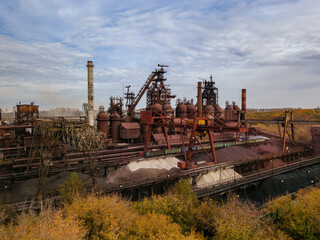 Fototapeta na wymiar Metallurgical plant with blast furnace, drone aerial view