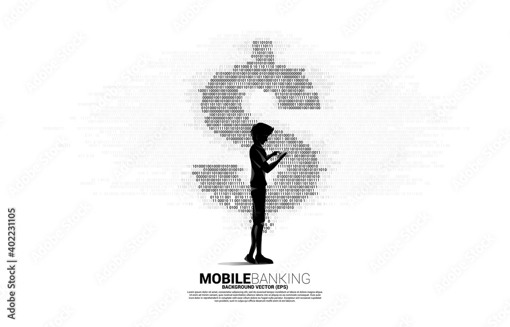 Poster Silhouette of man using mobile phone and money dollar currency with one and zero binary code digit matrix style. Background Concept for electronic money and digital banking