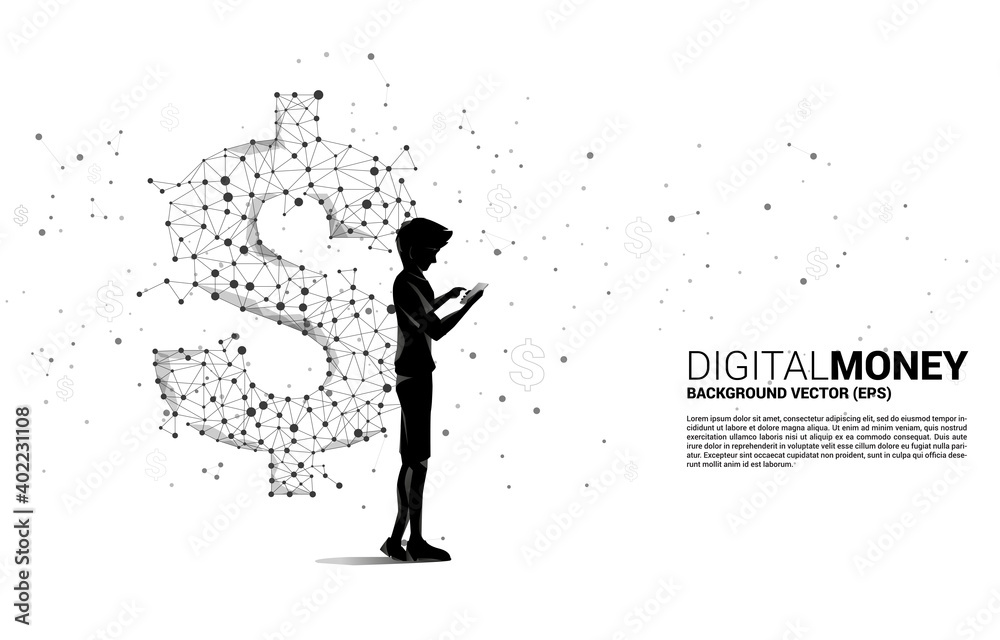 Poster silhouette of man using mobile phone money dollar icon from polygon dot connect line. business conce