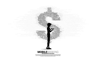 Silhouette of man using mobile phone and money dollar currency with one and zero binary code digit matrix style. Background Concept for electronic money and digital banking