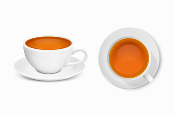 Vector 3d Realistic White Porcelain Ceramic Mug with Saucer. Black, Red or Green Tea Set Isolated on White Background. Stock Vector Illustration. Design Template for Mockup. Front, Top View