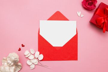 Flat lay envelope with blank mock up sheet for Valentine's Day