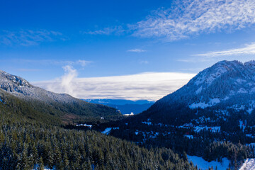 Aerial of winter valley from ski resort