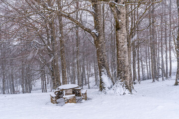 Lots of snow at the picnic area next to the refuge of Mount Aizkorri in Gipuzkoa. Snowy landscape by winter snows. Basque Country, Spain