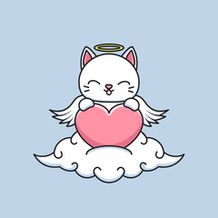 Cute cupid cat with big heart in the cloud