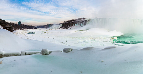 Panoramic view of Niagara Falls during the winter covered in snow and ice