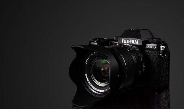 Fujifilm X-S10, a S Series mirrorless camera isolated on black background