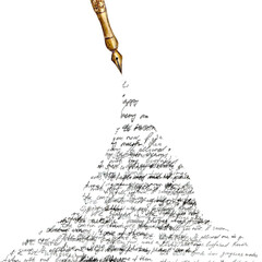 Vintage style fountain pen with spilled ink with black abstract text on white background - obrazy, fototapety, plakaty
