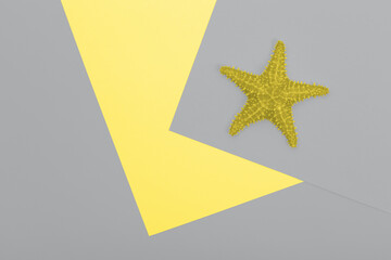 Yellow Starfish on gray paper background, flat lay. Trendy colors of 2021 - Ultimate Gray and...