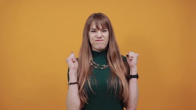 Attractive scowling angry, Head shot scowl, was offended gloomy eyebrows, Sulky, Waist-up portrait of beautiful face in displeasure, affront tensed, having bad mood, getting mad, frowning forehead