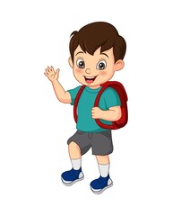 Cartoon funny little boy with school bag waving his hand