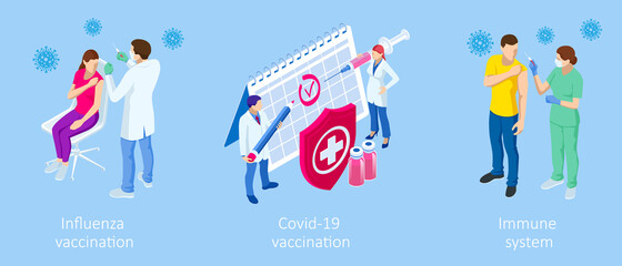Isometric Vaccination and Immunization, Time to vaccinate, Online medical advise, medical prescription concept. Medicine industry.