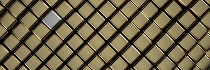 Abstract background of many cubes and one silver. Geometric structure. 3D visualization