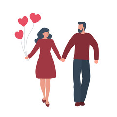 Valentine's day illustration. A young couple is walking holding hands. The girl holds red balloons in the form of a heart in her hand. Vector illustration