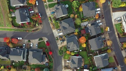 Aerial of neighborhood during fall