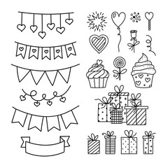 Vector Doodle style Holiday Party, Love Symbols Set. Outline Gifts, Flag Garland, Cupcakes, Sweets, Hearts. Hand drawn Valentines Day, Birthday elements collection for design greeting card, poster