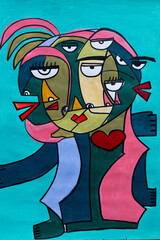 painting abstract with eyes mouth, different persons cubism, person