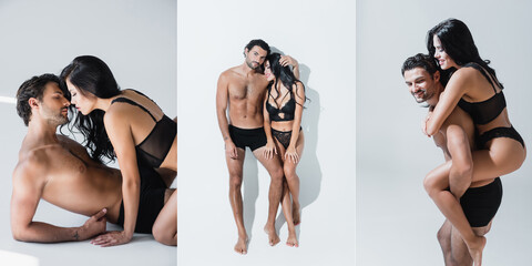 Collage of shirtless man hugging and piggybacking sexy woman in lingerie on grey background, banner