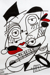 illustration, watercolor, cubism, acrylic, three musicians, black, red, white background