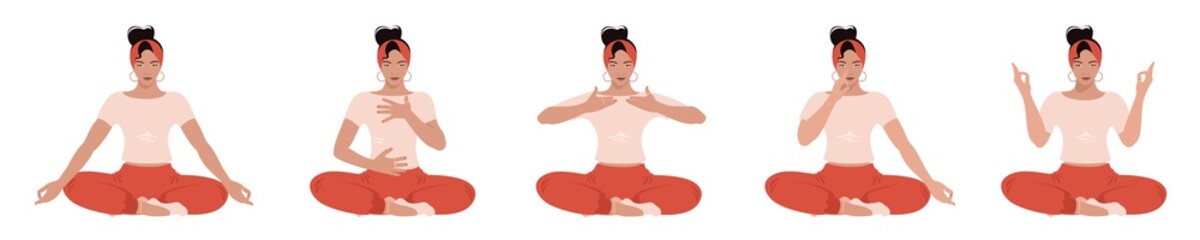 Vector SET. Young woman sitting in various poses and practice deep breathing or Yoga. Abdominal Breathing. Breath Awareness Exercise.