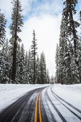 Vertical shot of Crater Lake Highway, Oregon in winter
