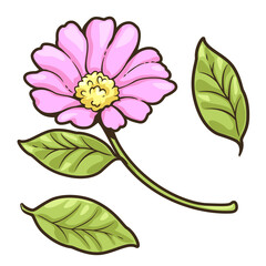 Vector cartoon illustration of pink flowers and leaves. Isolated on white background. This cute illustration design can be used as decoration for both print and digital media as well.