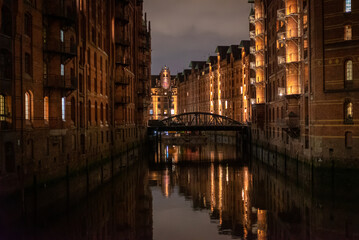Famous Warehouse district in Hamburg Germany called Speicherstadt by night - travel photography