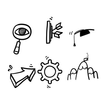 hand drawn vision mission icon, concept goal company, value statement, purpose, doodle line web symbols on white background isolated