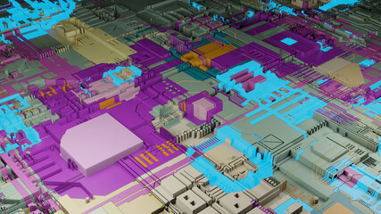 Motherboard circuit with cpu and microchips, 3d rendering, conceptual image.