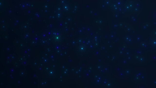 Beautiful white sparkling stars particles on deep blue background in fly trough motion. 3d Animation of Dynamic Wind Particles In The Air