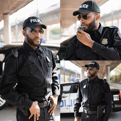 collage of african american policeman standing near car and talking on radio set on blurred...