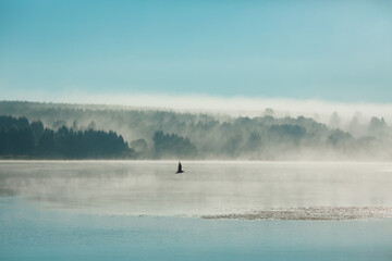 Thick fog in the morning on the river.