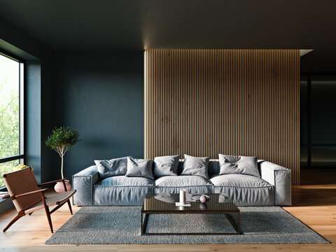 Modern Italian interior design living room with dark walls and vertical slats panel, 3D Render, 3D Illustration