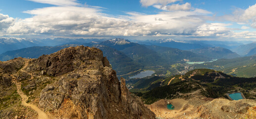 Panorama of the mountains and lakes in Whistler,  British Columbia, Canada in the summer and blue cloudy sky