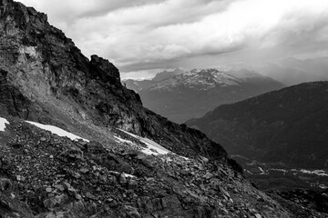 magnificent black and white view of the mountains peaks and clouds in Whistler British Columbia, Canada