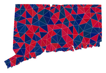 Vector triangle mosaic map of Connecticut State in American flag colors, blue and red. Geographic collage in blue and red color tints.