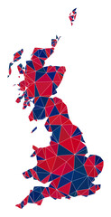 Obraz premium Vector triangle mosaic map of Great Britain in American flag colors, blue and red. Geographic collage in blue and red color tinges. Abstract mosaic of map of Great Britain composed of triangle spots.