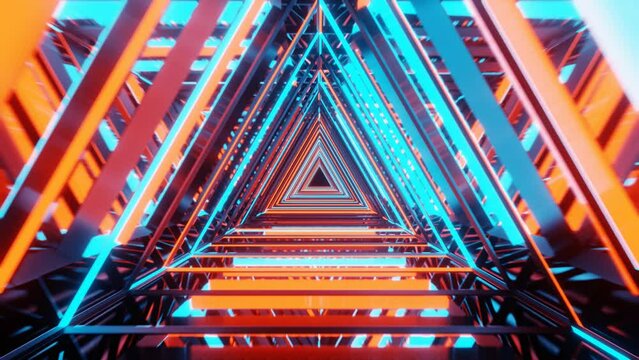 Abstract neon luminous moving triangles tunnel. Futuristic tunnel colored lights. Loop animation