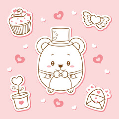 happy valentines day cute baby teddy bear drawing stickers sketch for coloring