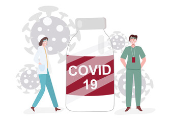 covid 19 vaccine concept paramedic doctor nurse wearing uniform standing around big bottle corona virus vaccine with flat style