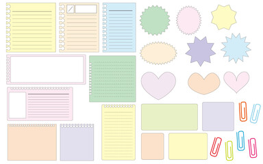 Business and work concept. note books, memo papers, stickers and crips illustration. Set of memo and stationery icons. Vector illustration. メモ紙、ノート、付箋、クリップイラスト、文具類イラスト、カラフル付箋イラスト、お仕事文具類