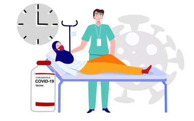 patient on bed infuse front doctor paramedic bottle corona virus vaccine clock with flat style
