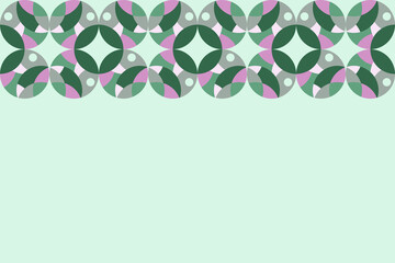 Repetition pattern of "Kawung" circles in green and pink. Template for fabric and background