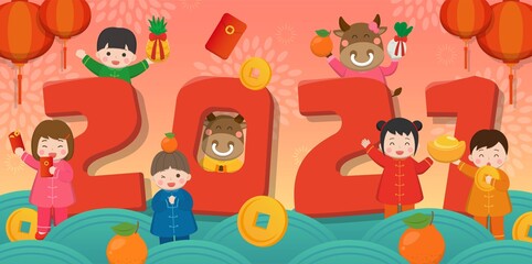 Obraz na płótnie Canvas Chinese New Year celebration 2021 three-dimensional lettering, children with cartoon characters, flat style design, decorative elements for greeting cards, comic illustration vector