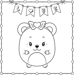 happy valentines day cute baby teddy bear drawing sketch for coloring with hearts frame and love banner
