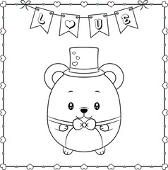 happy valentines day cute baby teddy bear drawing sketch for coloring with hearts frame and love banner