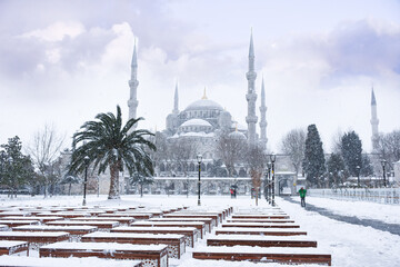 The Blue mosque (Sultanahmet mosque) in winter day with snow in Istanbul,Turkey. Cold and snowy...