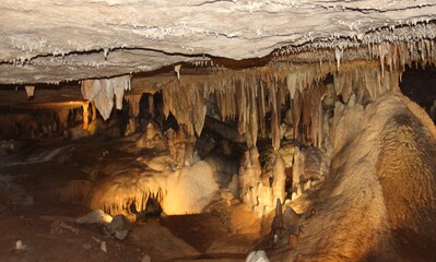 Stalactites hold tight to the ceiling, and Stalagmites grow to the ceiling from the floor. Fantastic Cavern, Springfield, Missouri. 