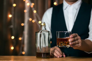 Bartender Serve Whiskey, on wood bar